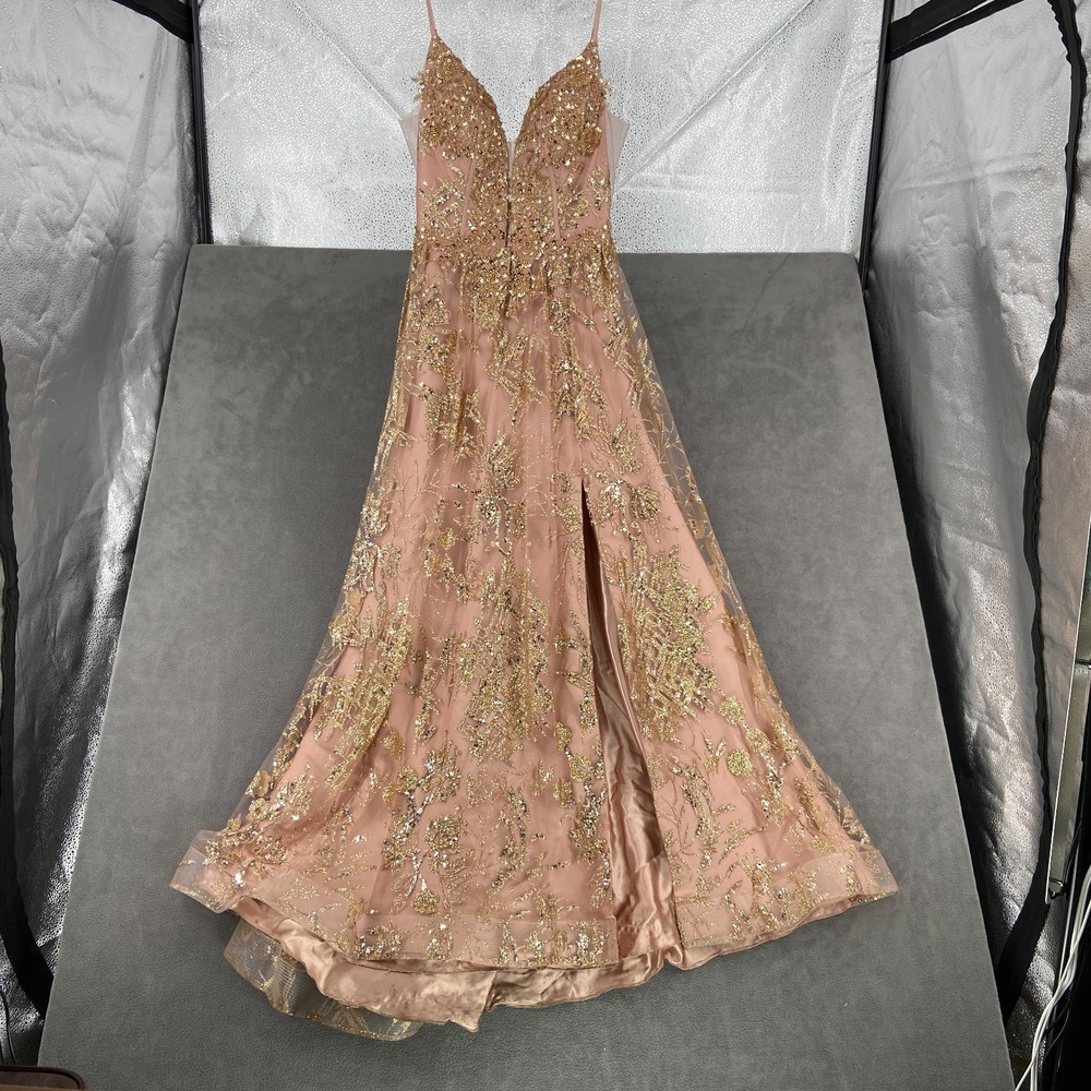 Coya Collection Ball Gown Dress‎ Womens S Peach Embellished Plunge V Neck Bridal